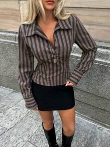 Forever 21 Women Spring Summer Striped Long Sleeve Cropped Casual Commuter Shirt - Brown - View 3