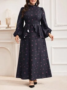 Modelyn Plus Size Bescheiden Standkraag Lange Mouw Bloemenprint Lange Arabische Jurk
