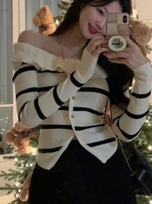 DAZY Áo khoác cardigan lửng hở vai, ôm sát cơ thể, họa tiết kẻ sọc, thời trang xuân thu cho nữ - Màu be - Xem 5