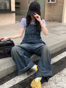 DAZY Women's Casual Washed Wide-Leg Denim Bib Overalls - Dark Wash - View 3