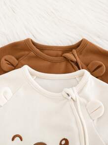 Cozy Pixies 2pcs Newborn Baby Boy Colorblock Bear Pattern Round Neck Raglan Sleeve Footie Romper Graphic - Multicolor - View 8