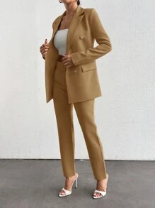 SHEIN Traje De Mujer Con Blazer De Doble Botonadura Y Pantalones De Nueve Puntos
