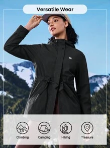 In My Nature 女士植物印花抽绳腰长袖连帽休闲雨衣夹克 - 黑色 - 查看 7