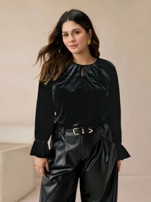 BizChic Blus Beludru Elegan Wanita Ukuran Plus 1 Potong, Cocok untuk Bepergian - Hitam - View 2