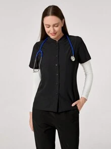 TaskEZ Blusa de mujer con cuello alto y abotonadura sencilla, de manga corta, uniforme de oficina