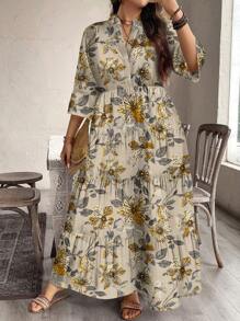 EMERY ROSE Casual Vintage Ditsy Floral V-Neck Ruched Long Sleeve Dress, Suitable For Autumn - Apricot - View 1