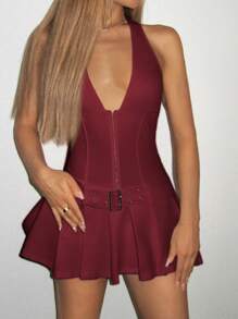 SHEIN ICON Women Deep V-Neck Metal Button Decorated Belted Wide Pleated Mini Dress,Sun Dress,Summer Dresses For Women - Burgundy - View 4