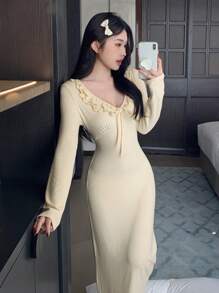 DAZY Ruffle Collar Fitted Casual House Dress Pajama - Beige - View 4