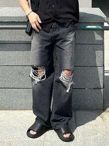 DAZY Men's Casual Straight Leg Jeans With Washed And Ripped Design - Black - View 2