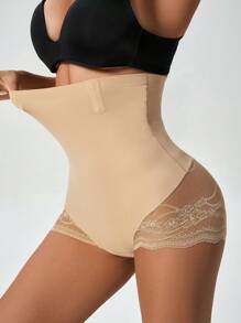 Women Solid Color High-Waist Lace Splicing Shapewear Panty - Apricot - View 6