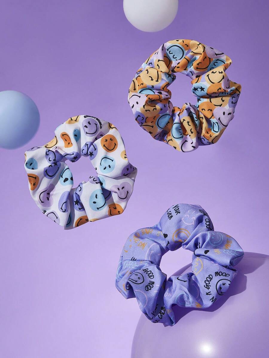 SmileyWorld® | SHEIN 3pcs/Set Smiling Face Scrunchies, Suitable For Everyday Wear - Multicolor - View 1