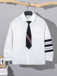 Tween Boy Academy Style Striped Collar Shirt Suitable For Commuting, School, Daily Casual, College Outings, Sports, Autumn/Winter