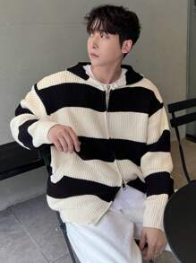 DAZY Chaqueta casual de hombre con cremallera y rayas sueltas para uso diario, chaqueta de otoño