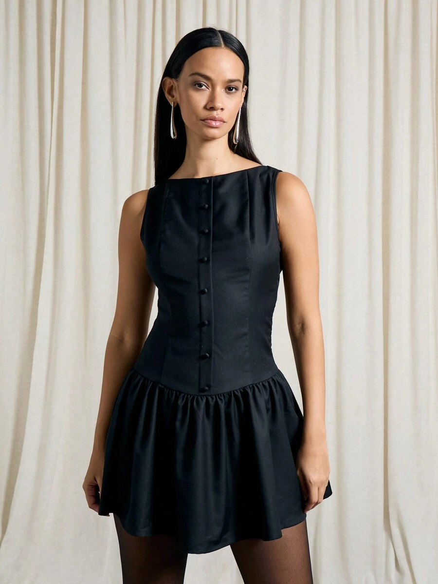 AiiRZ Sleeveless Button Front Flared Mini Dress - Black - View 1