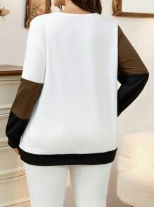 SHEIN LUNE 大码女式撞色拼布 V 领长袖休闲运动衫，适合秋季