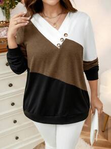 SHEIN LUNE 大码女式撞色拼布 V 领长袖休闲运动衫，适合秋季