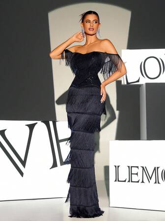 Off Shoulder Fringe Trim Sequin Decor Floor Length Formal Dress Black Elegant Prom Evening Wedding Guest Gown, For Graduation, Dinner