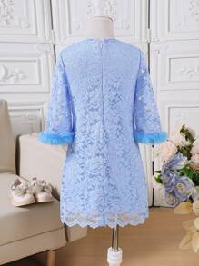 Girls Seven-Eighth Sleeve Spliced Fuzzy Fabric Crew Neck Fitted Lace Layer Dress, Elegant Style For Autumn/Winter - Blue - View 2