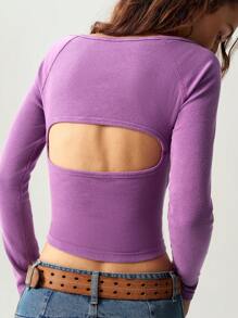 Bohemela Casual Solid Color Knit Backless Crew Neck Long Sleeve Fitted Blouse For Women - Purple - View 6