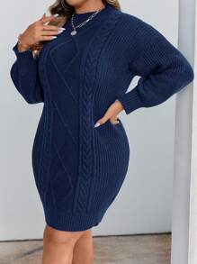 EMERY ROSE 大码女式休闲常规宽松直筒针织连衣裙，立领落肩长袖灯笼袖钻石纽扣绳编织纹理麻蓝色毛衣连衣裙，秋冬 - 藏蓝色 - 查看 4