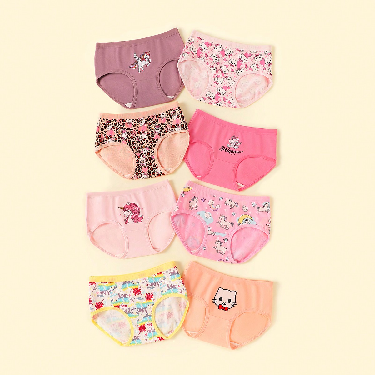 Juego de 8 bragas con diseños de fresa y unicornio lindos para niñas, ropa interior de moda para niñas pequeñas y jóvenes, adecuado para las cuat