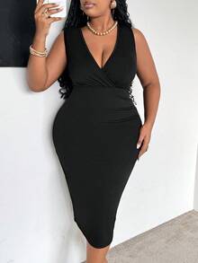 Maweii Vestido elegante negro de talla grande para mujer con escote en V, sin mangas y ajustado, conjunto de vestido largo de mujer de verano - Negro - Ver 4