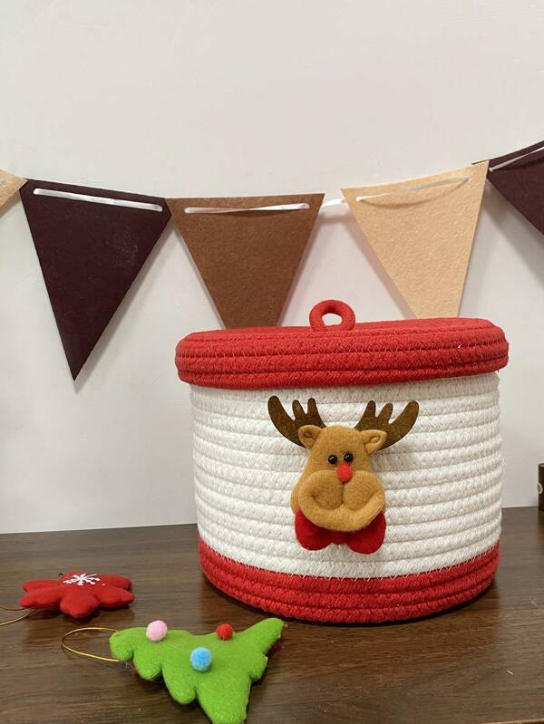 PETSIN 1pc Christmas Reindeer Cute Red & White Round Storage Box With Lid, Christmas Decor