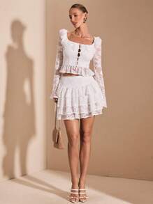 SHEIN BAE Pure White Sweet Romantic Lace Long Sleeve Crew Neck Top With Multi-Layer Lace Ruffled Trim And Matching Multi-Layer Lace Ruffle Hem Skirt 2Pcs Set, Suitable For Cocktail Party, Romantic Date, Winter Layering Dress, Party, Night Out Outfit, Matching Sister/Best Friend Outfit - White - View 1