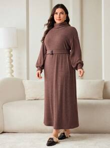 Mulvari Plus Size Solid Color Turtleneck Long Sweater Dress For Autumn/Winter - Brown - View 4