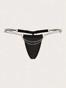EmpressEnvy Women Rhinestone & Chain Decor Sexy Thong Underwear - Black - View 6