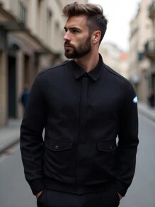 Manfinity Homme 男士休闲字母印花夹克，秋冬 - 黑色 - 查看 1