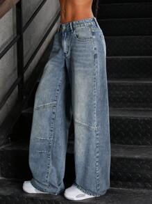 SHEIN ICON 休闲复古洗水低腰宽松直筒牛仔裤
