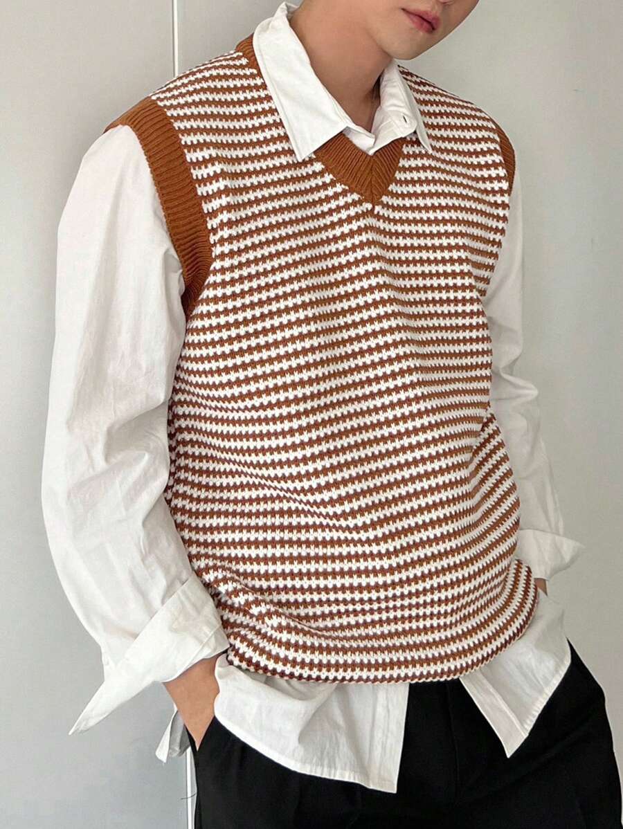 DAZY Autumn Men's Red Stripe Knit Vest - Red - View 1