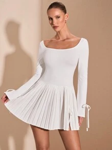 SHEIN BAE Váy dệt kim xẻ tà cao cổ vuông tay dài màu trắng trơn cho nữ, phù hợp mặc nhiều lớp vào mùa thu/đông, đi chơi, hẹn hò lãng mạn, tiệc tùng, ngày lễ và sinh nhật - trắng - Xem 8