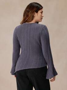 SHEIN Frenchy Plus Size Women's Elegant Asymmetric Neck Ribbed Long Sleeve Slim Fit T-Shirt,Sky Blue,Autumn,Smart Casual,Everyday,Dark Gray Soft Knit Top,FW24 - Grey - View 5