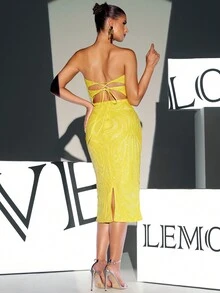 撞色網眼亮片抹胸派對洋裝 - 黃色 - 查看 2