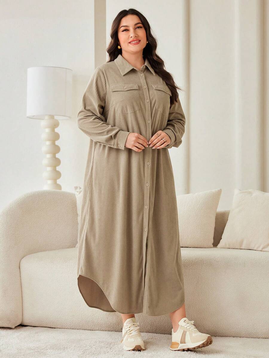 Mulvari Plus Size Solid Color Button-Front Casual Long Sleeve Dress - Green - View 1