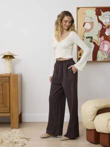 Aralina Pin Stripe Pants With Pockets And Contrast Cuff Drawstring Detail Wide Leg