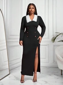 Slaydiva Elegant Classic Plus Size Elegant Lady Contrast Color Block Long Sleeve Bodycon Dress - Black - View 1