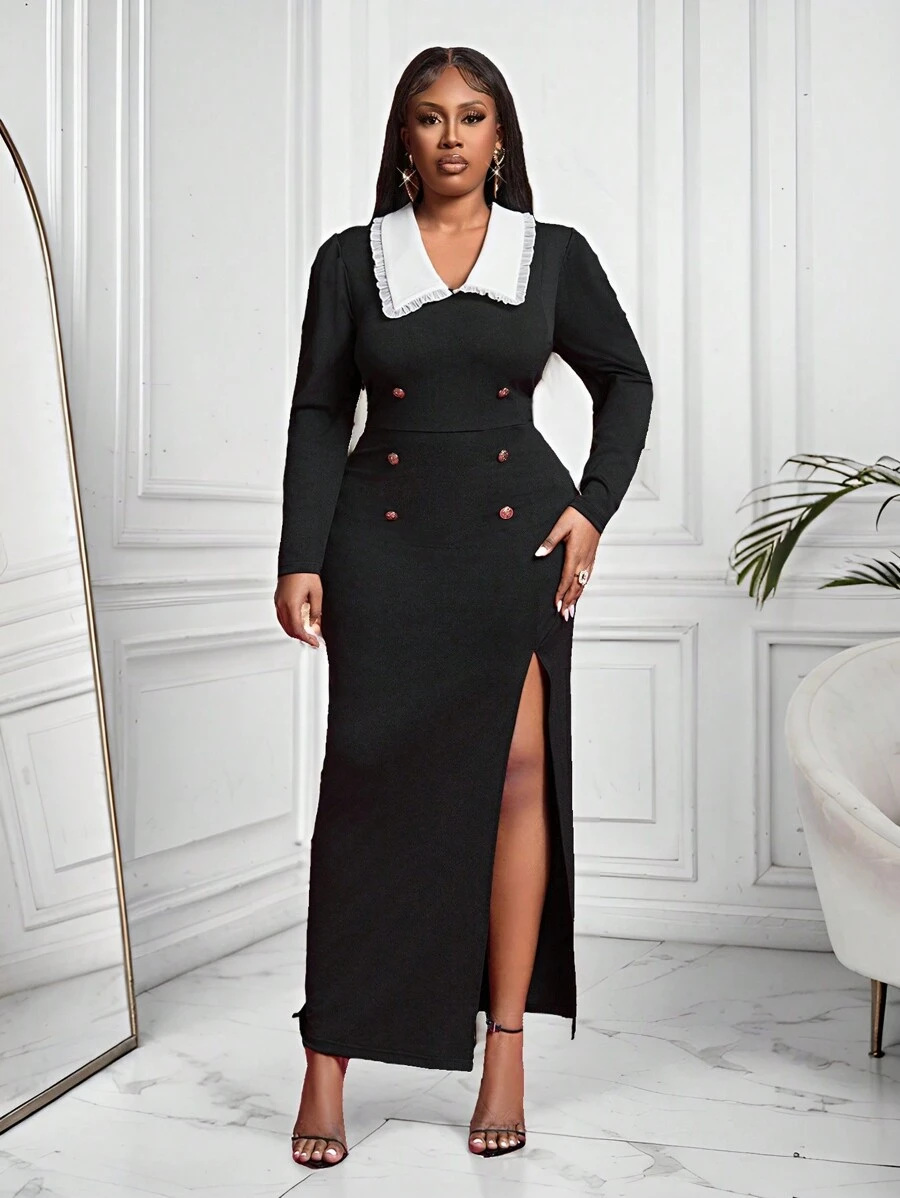 Slaydiva Elegant Classic Plus Size Elegant Lady Contrast Color Block Long Sleeve Bodycon Dress - Black - View 1