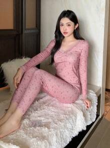 DAZY 碎花羊毛蕾丝拼接修身睡衣套装，冬季保暖内衬 - 粉色 - 查看 4