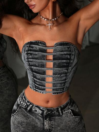 SHEIN ICON Women Solid Color Hollow Out Sexy Strapless Denim Sleeveless Top