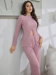 1 套女式纯色提花下摆开叉短款上衣休闲家居服 - 粉色 - 查看 6
