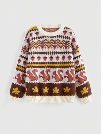 Fairycore Women's Halloween Cottagecore Squirrel, Chestnut, Maple Leaf Pattern Pullover Sweater