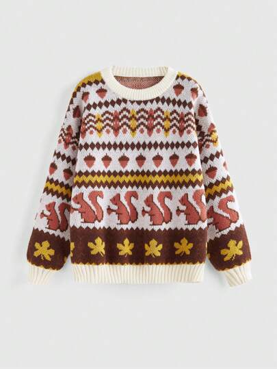 Fairycore Jersey de talla grande con estampado de ardilla y hojas de arce en estilo Cottagecore