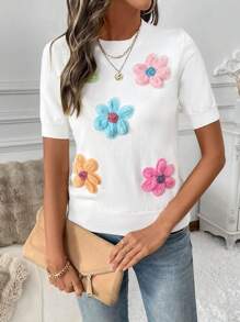 SHEIN LUNE Autumn 3D Floral White Short Sleeve Pullover Sweater For Women - White - View 4