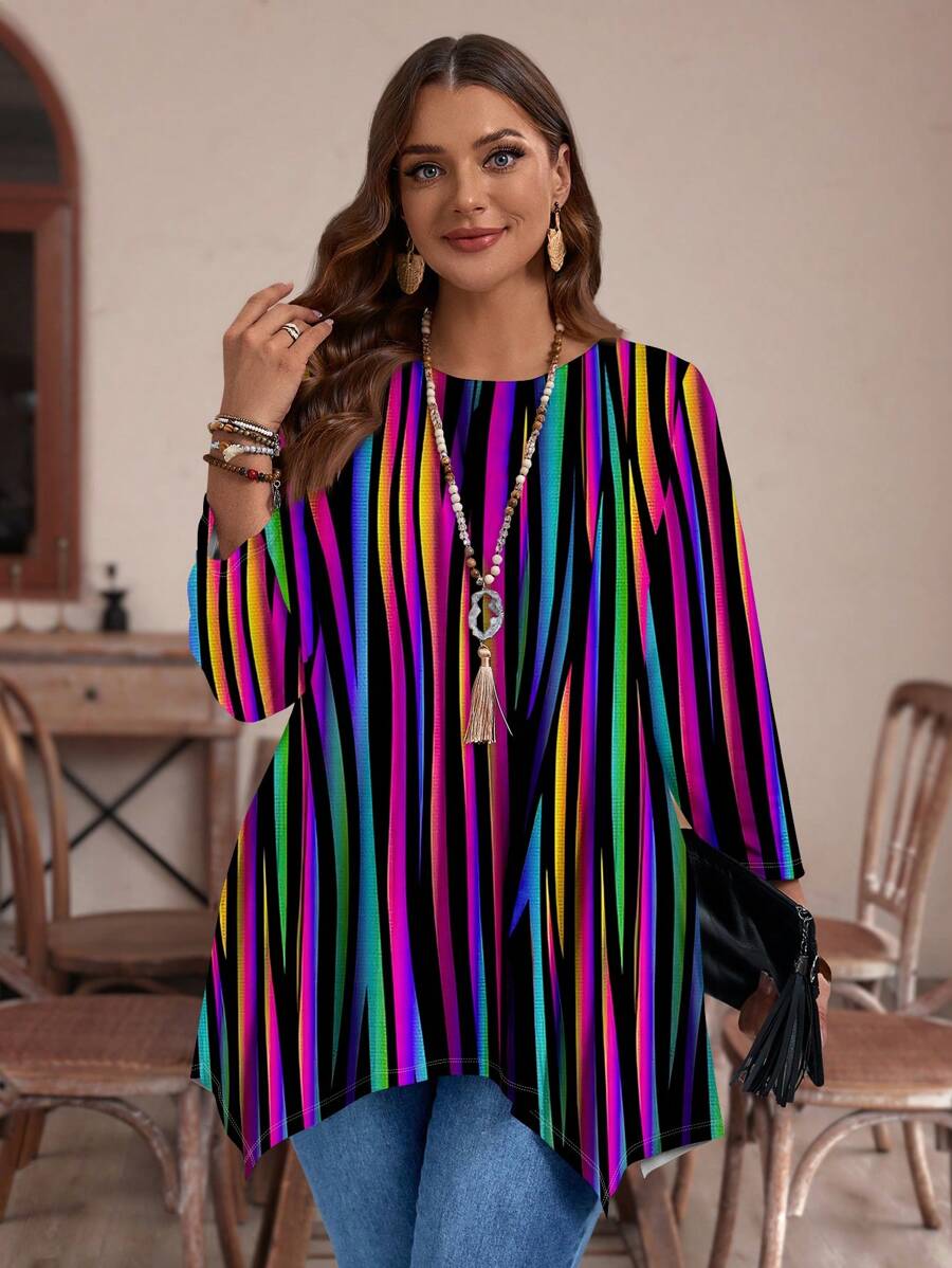 EMERY ROSE Casual Minimalist All-Over Print Loose Fit Long Sleeve T-Shirt, Plus Size, Spring And Autumn - Multicolor - View 1