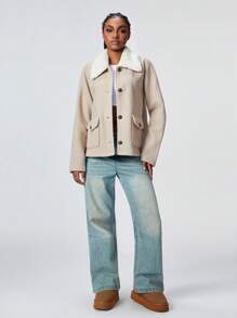 SHEIN Unity 1pc Women Casual Simple Textured Contrast Color Panel Button Front Lapel Cardigan, Apricot, Autumn/Winter Fall Cloth For Women - Apricot - View 1