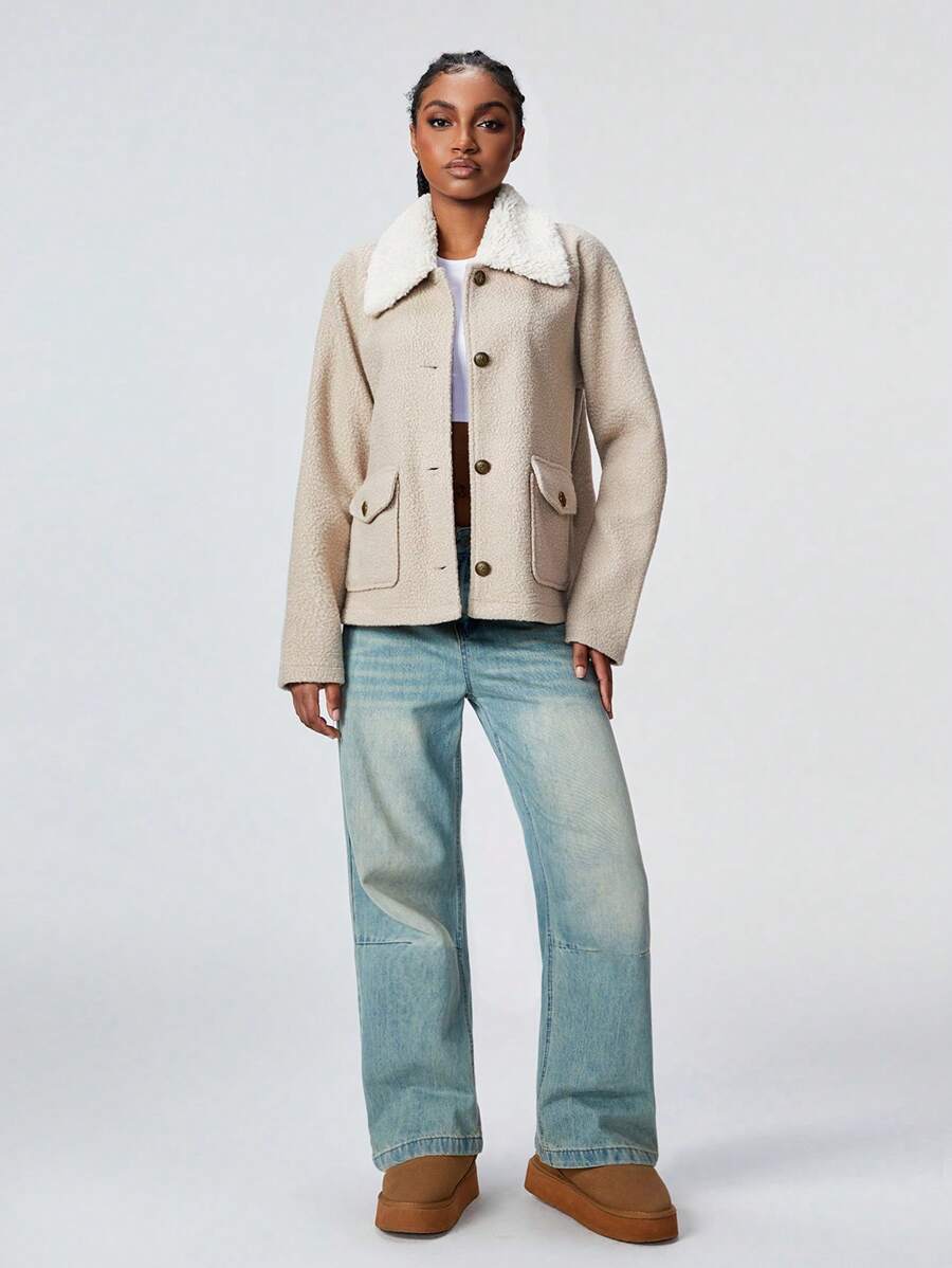 SHEIN Unity 1pc Women Casual Simple Textured Contrast Color Panel Button Front Lapel Cardigan, Apricot, Autumn/Winter Fall Cloth For Women - Apricot - View 1