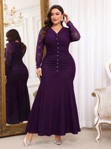 Modelyn Frauen Große Größen V-Ausschnitt Kontrast Spitze Geraffter Fischschwanz Saum Elegantes Abendkleid